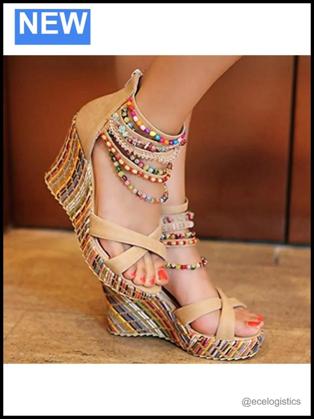 Wedge Sandals with Pearls Across Top Platform High Heels Sandals